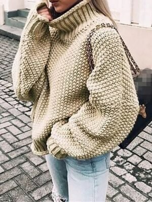 Stylish Oversized Solid Turtleneck Long Sleeve Regular Knit Pullover - Image 2