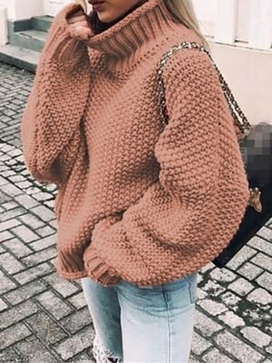 Stylish Oversized Solid Turtleneck Long Sleeve Regular Knit Pullover - Image 4