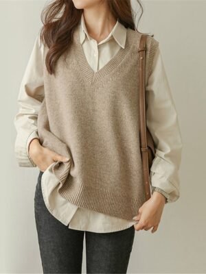 Stylish Oversized Solid V Neck Sleeveless Knit Vest - Image 1