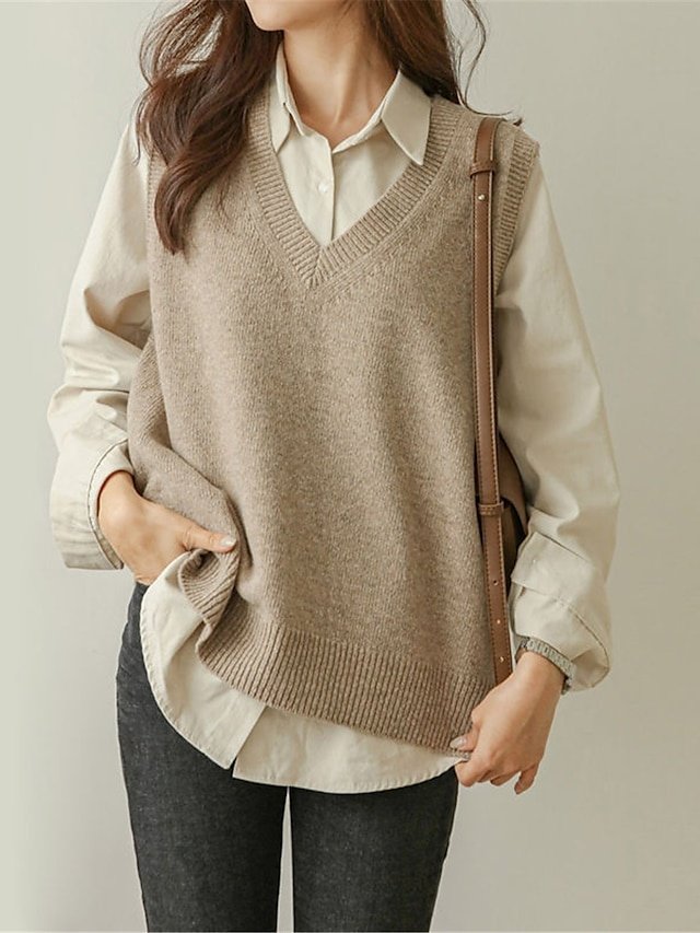Stylish Oversized Solid V Neck Sleeveless Knit Vest - Image 1