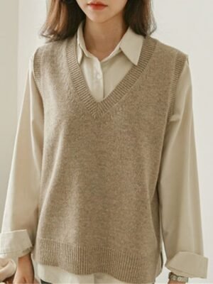 Stylish Oversized Solid V Neck Sleeveless Knit Vest - Image 10