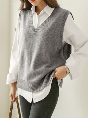 Stylish Oversized Solid V Neck Sleeveless Knit Vest - Image 2