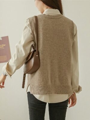 Stylish Oversized Solid V Neck Sleeveless Knit Vest - Image 6