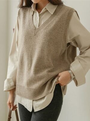 Stylish Oversized Solid V Neck Sleeveless Knit Vest - Image 7
