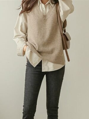 Stylish Oversized Solid V Neck Sleeveless Knit Vest - Image 8