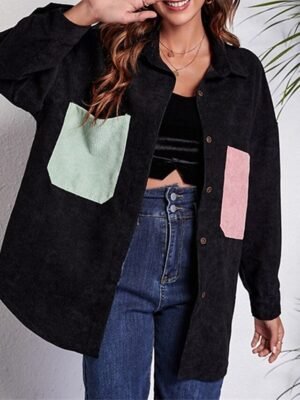 Stylish Regular Colour Block Shirt Collar Long Sleeve Top - Image 1
