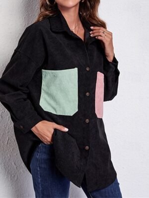 Stylish Regular Colour Block Shirt Collar Long Sleeve Top - Image 3