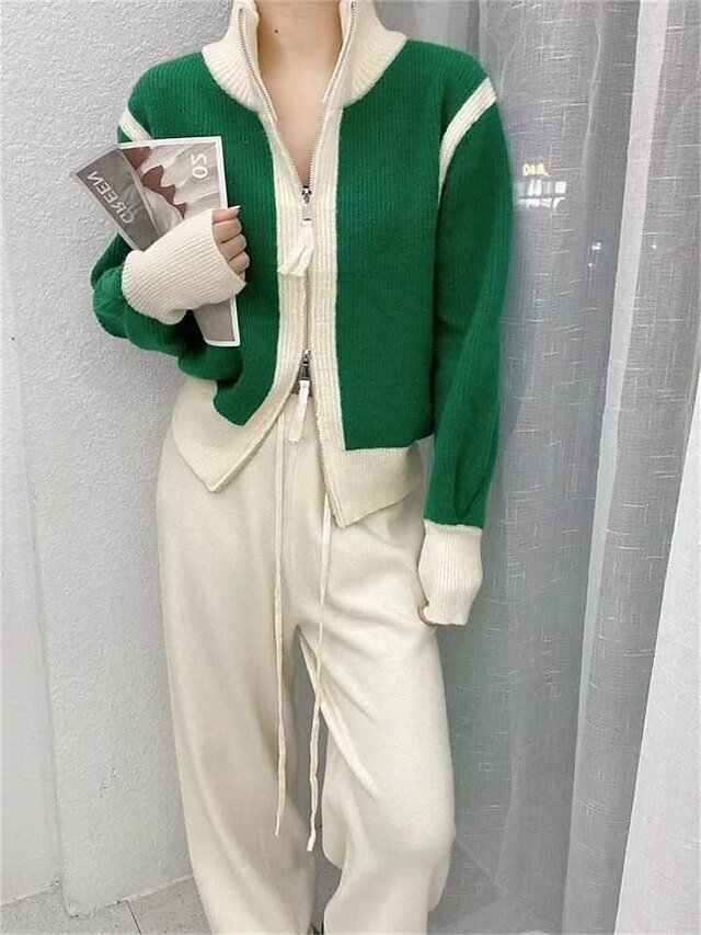 Stylish Regular Fit Colour Block Stand Collar Long Sleeve Zipper Cardigan - Image 2