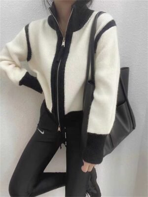 Stylish Regular Fit Colour Block Stand Collar Long Sleeve Zipper Cardigan - Image 3