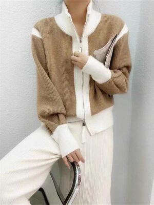 Stylish Regular Fit Colour Block Stand Collar Long Sleeve Zipper Cardigan - Image 4