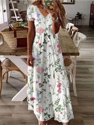 Stylish Regular Fit Floral V Neck Short Sleeve Summer Dress - Image 1