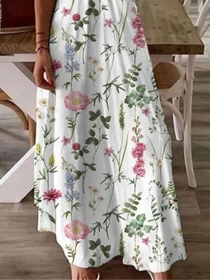 Stylish Regular Fit Floral V Neck Short Sleeve Summer Dress - Image 3