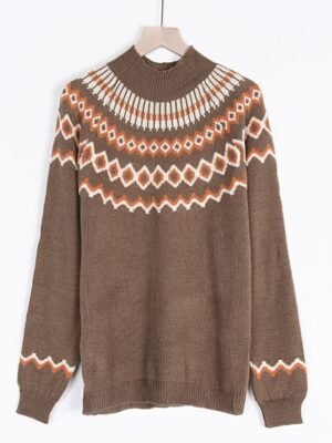 Stylish Regular Fit Geometric Turtleneck Long Sleeve Sweater - Image 2