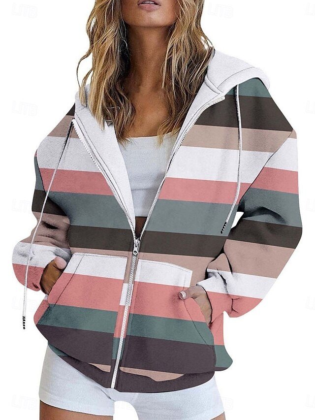 Stylish Regular Fit Gradient Stripe Full Zip Long Sleeve Hoodie Jacket - Image 2