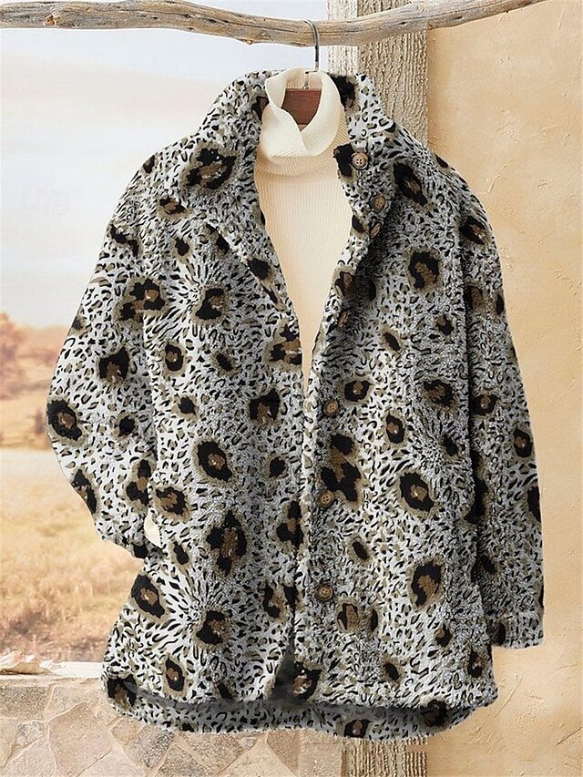 Stylish Regular Fit Leopard Geometric Full Zip Long Sleeve Sherpa Jacket - Image 2
