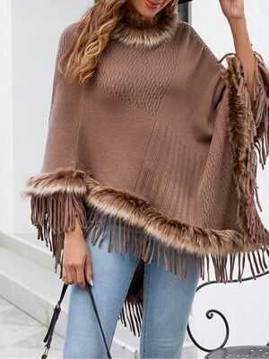 Stylish Regular Fit Plain Faux Fur Trim Long Sleeve Cloak - Image 1