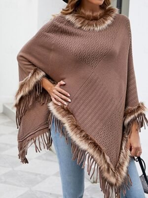 Stylish Regular Fit Plain Faux Fur Trim Long Sleeve Cloak - Image 2