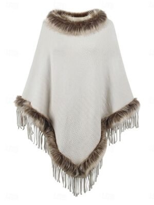 Stylish Regular Fit Plain Faux Fur Trim Long Sleeve Cloak - Image 6