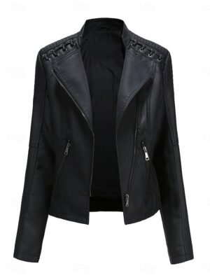 Stylish Regular Fit Plain Full Zip Long Sleeve Short Faux Leather Jacket - Image 1