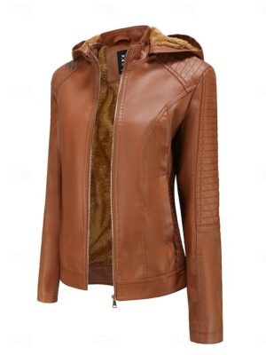 Stylish Regular Fit Plain Full Zip Long Sleeve Short Faux Leather Jacket - Image 1