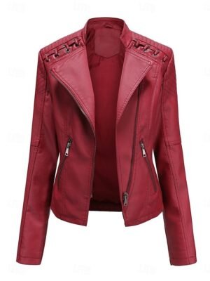 Stylish Regular Fit Plain Full Zip Long Sleeve Short Faux Leather Jacket - Image 11