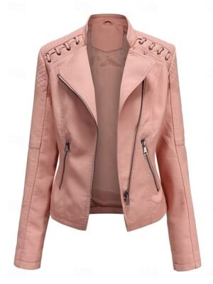 Stylish Regular Fit Plain Full Zip Long Sleeve Short Faux Leather Jacket - Image 12