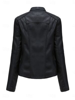 Stylish Regular Fit Plain Full Zip Long Sleeve Short Faux Leather Jacket - Image 2