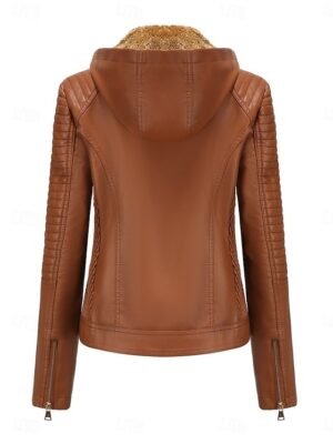 Stylish Regular Fit Plain Full Zip Long Sleeve Short Faux Leather Jacket - Image 2