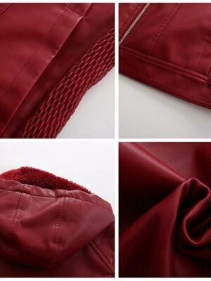 Stylish Regular Fit Plain Full Zip Long Sleeve Short Faux Leather Jacket - Image 7