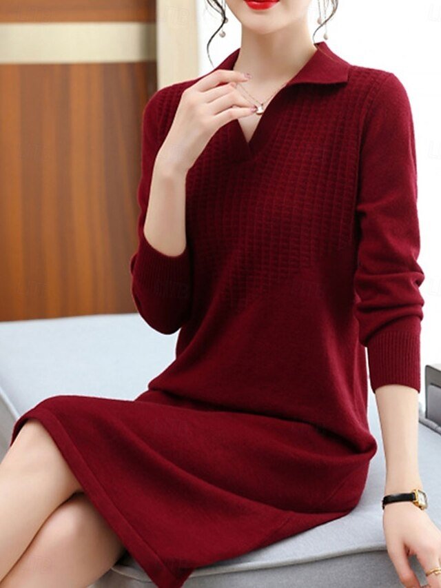 Stylish Regular Fit Plain Shirt Collar Long Sleeve Midi Sweater Dress - Image 2