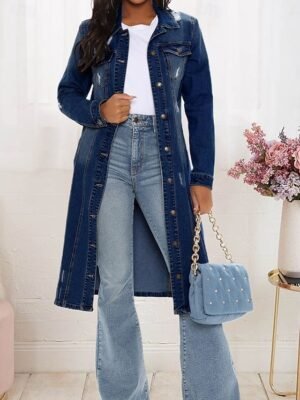 Stylish Regular Fit Solid Long Sleeve Long Denim Jacket - Image 1