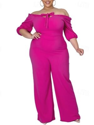 Stylish Regular Fit Solid Off Shoulder Half Sleeve Summer Jumpsuit - Image 2