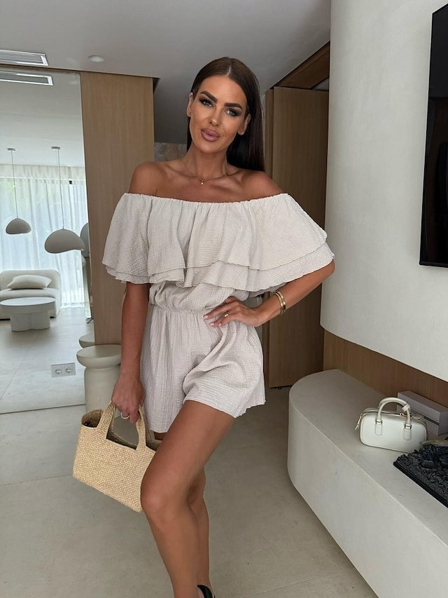 Stylish Regular Fit Solid Off Shoulder Short Sleeve Ruffle Romper - Image 1