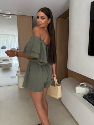 Stylish Regular Fit Solid Off Shoulder Short Sleeve Ruffle Romper - Image 4