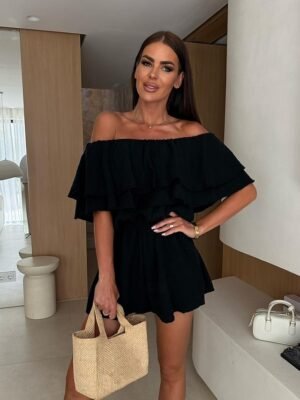 Stylish Regular Fit Solid Off Shoulder Short Sleeve Ruffle Romper - Image 5