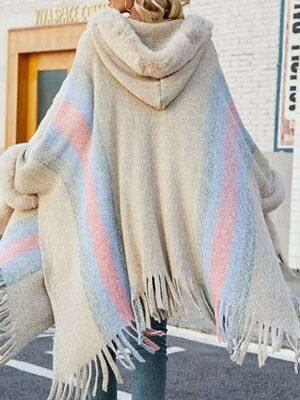 Stylish Regular Fit Stripe Long Sleeve Faux Fur Trim Cloak - Image 2