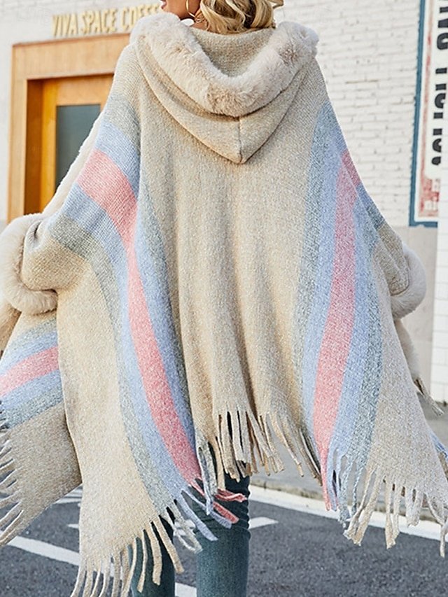 Stylish Regular Fit Stripe Long Sleeve Faux Fur Trim Cloak - Image 2