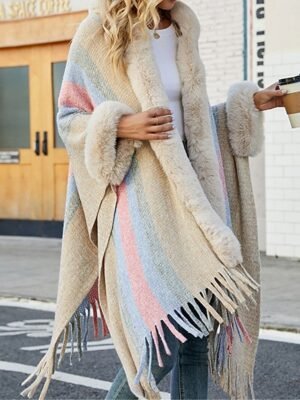 Stylish Regular Fit Stripe Long Sleeve Faux Fur Trim Cloak - Image 3
