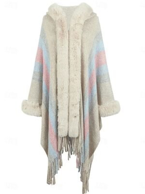 Stylish Regular Fit Stripe Long Sleeve Faux Fur Trim Cloak - Image 5