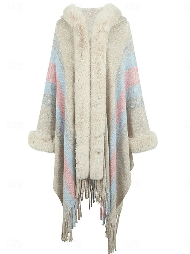 Stylish Regular Fit Stripe Long Sleeve Faux Fur Trim Cloak - Image 5