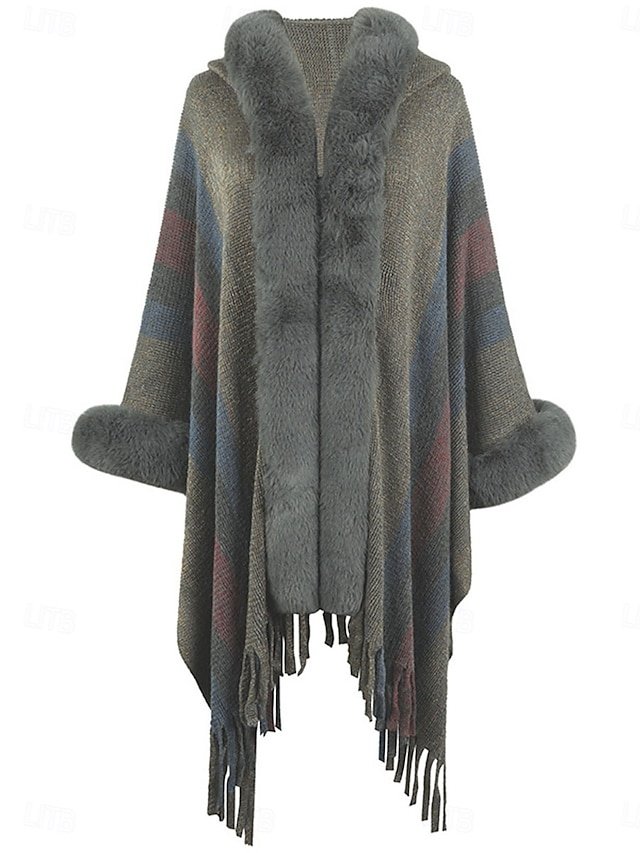 Stylish Regular Fit Stripe Long Sleeve Faux Fur Trim Cloak - Image 6