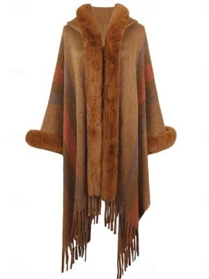 Stylish Regular Fit Stripe Long Sleeve Faux Fur Trim Cloak - Image 7