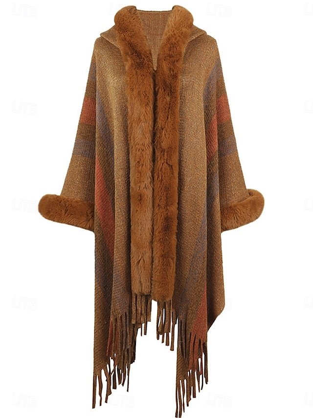 Stylish Regular Fit Stripe Long Sleeve Faux Fur Trim Cloak - Image 7