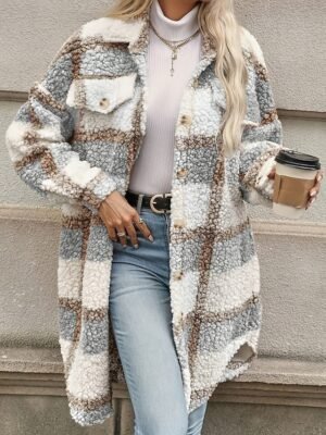Stylish Regular Fit Striped Plaid Long Sleeve Winter Coat - Image 4