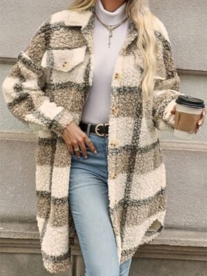 Stylish Regular Fit Striped Plaid Long Sleeve Winter Coat - Image 5