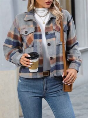 Stylish Regular Fit Stripes and Plaid Long Sleeve Short Thermal Jacket - Image 6