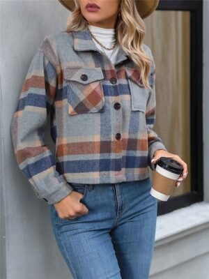Stylish Regular Fit Stripes and Plaid Long Sleeve Short Thermal Jacket - Image 7