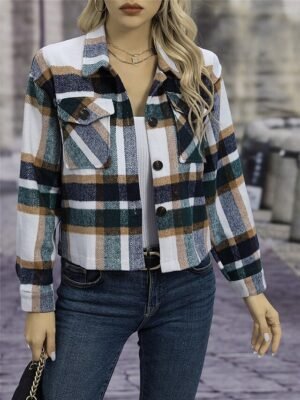 Stylish Regular Fit Stripes and Plaid Long Sleeve Short Thermal Jacket - Image 9