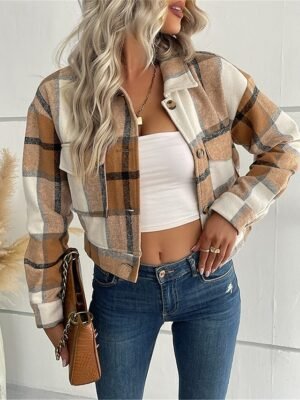 Stylish Regular Fit Stripes Plaid Long Sleeve Short Jacket - Image 1