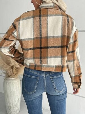 Stylish Regular Fit Stripes Plaid Long Sleeve Short Jacket - Image 3